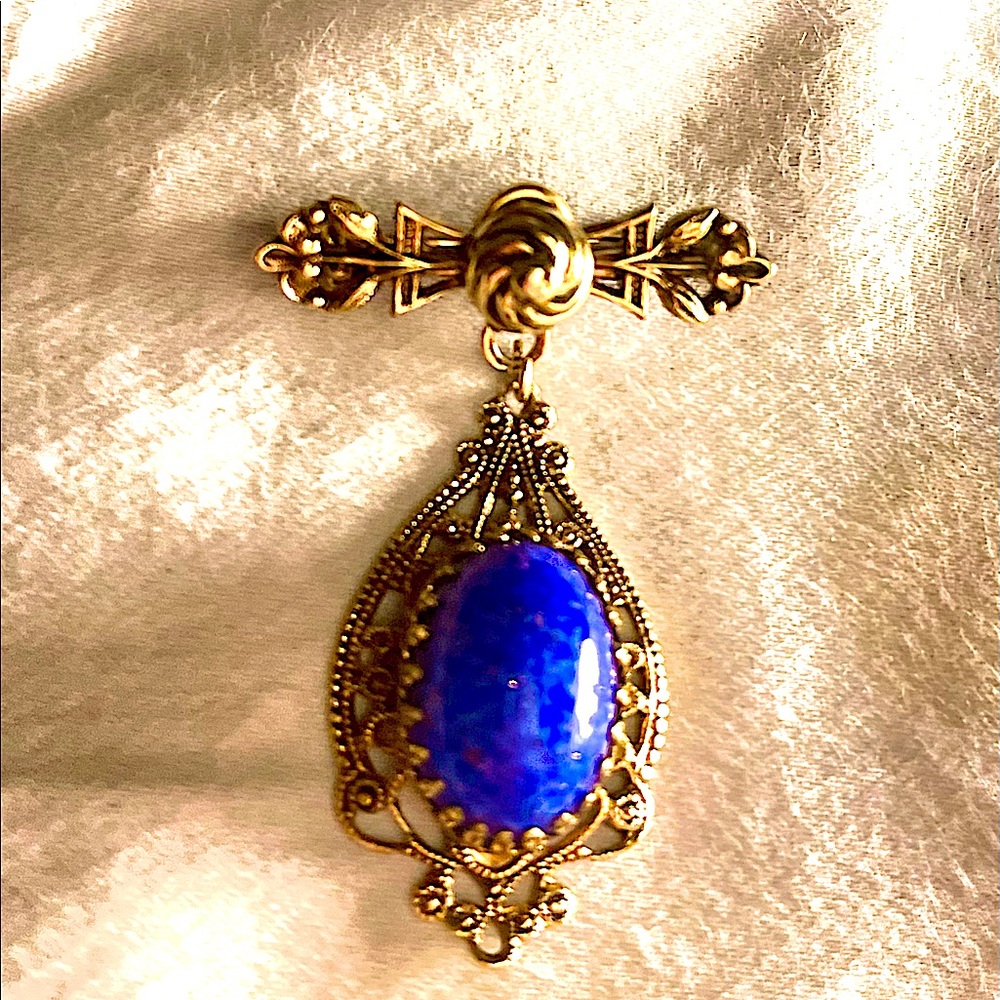 Antique Brass lapis lazuli brooch